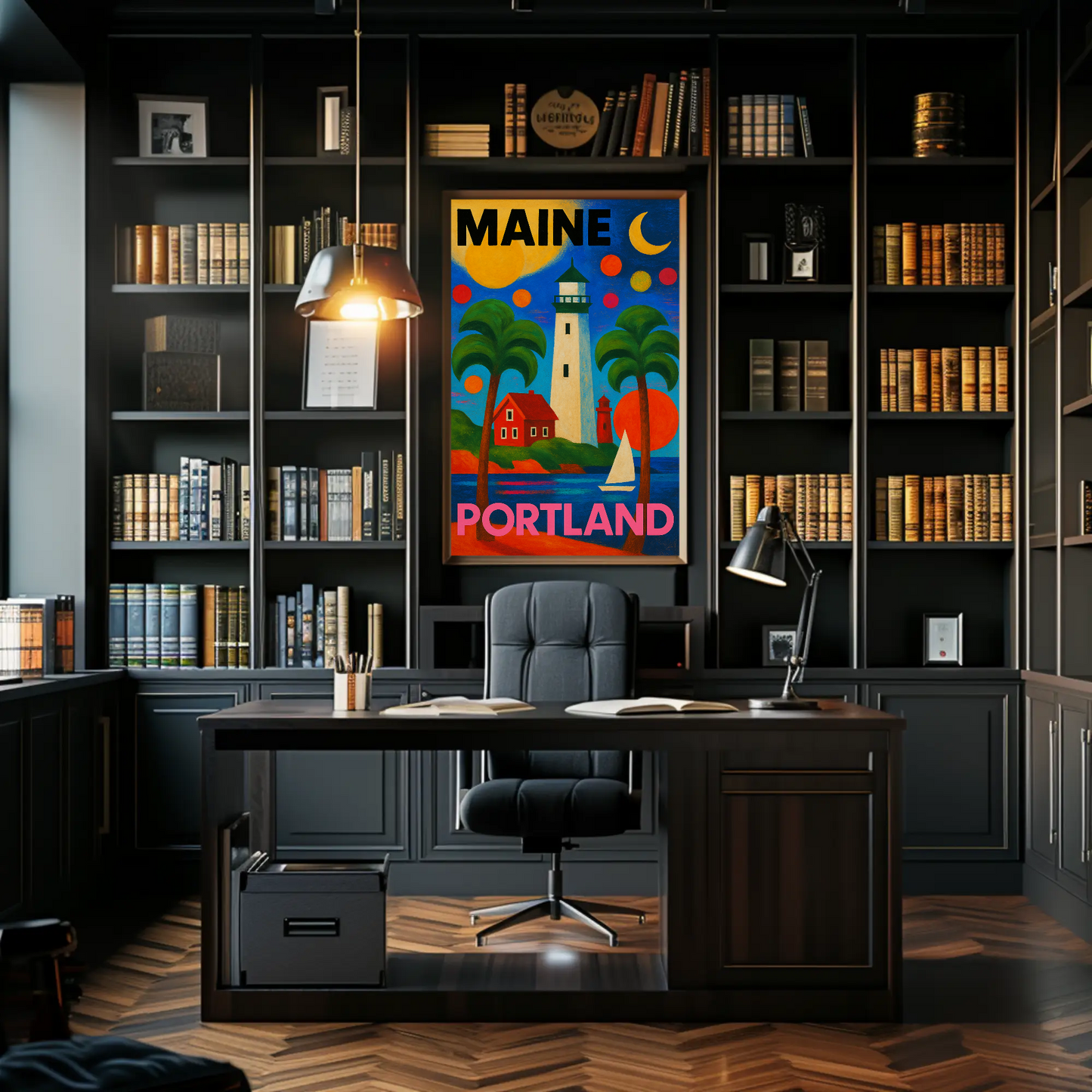 Maine Portland Lighthouse Sailboats Palms Vintage Travel Poster