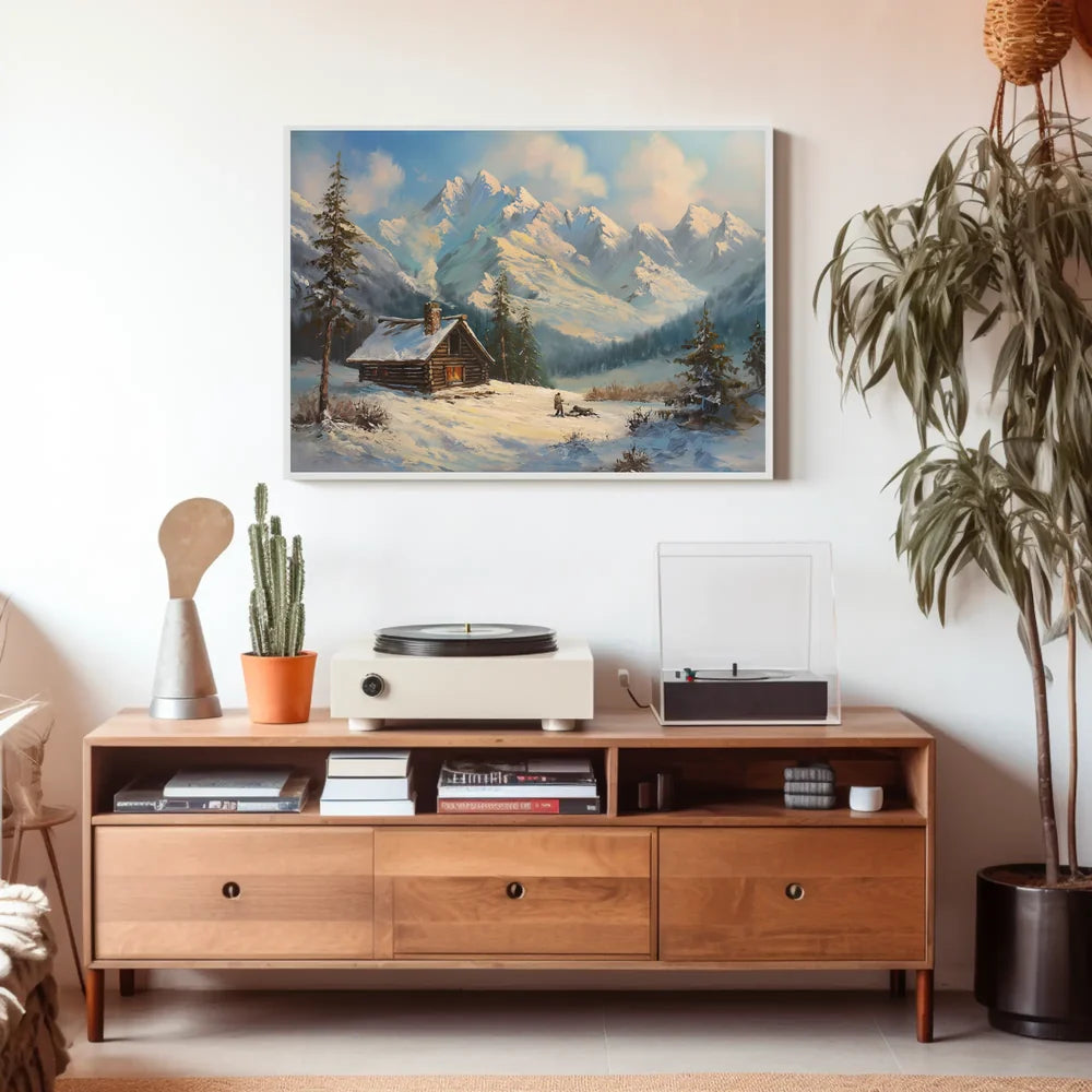 Winter Cabin Retreat: Serene Landscape Art Print