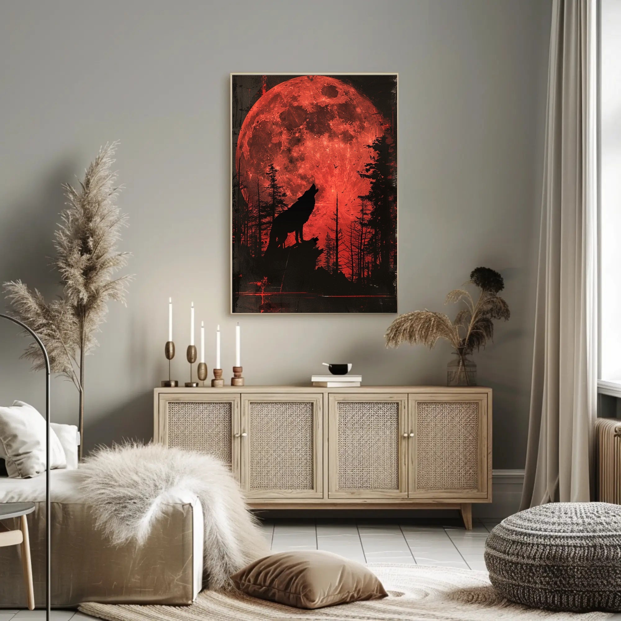 Wolf Howling Under Red Moon Fantasy Poster PosterGoat