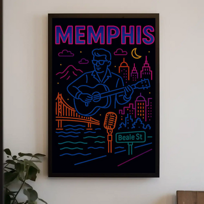 Memphis Beale Street Music Neon Line Art Poster