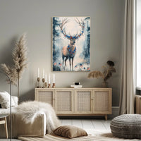 Deer With Antlers Adorned In Blue And Red Garland Poster