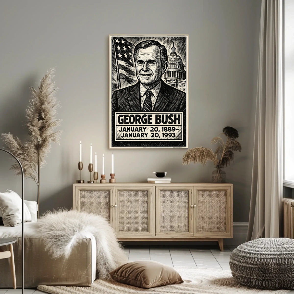 George H. W. Bush 41st President of the United States B & W Comic Sketch Poster