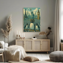 Whimsical Landmarks and Penguins Travel Poster