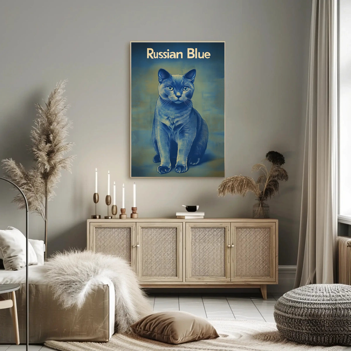 Russian Blue Cat Portrait Art Print For Home Decor Poster