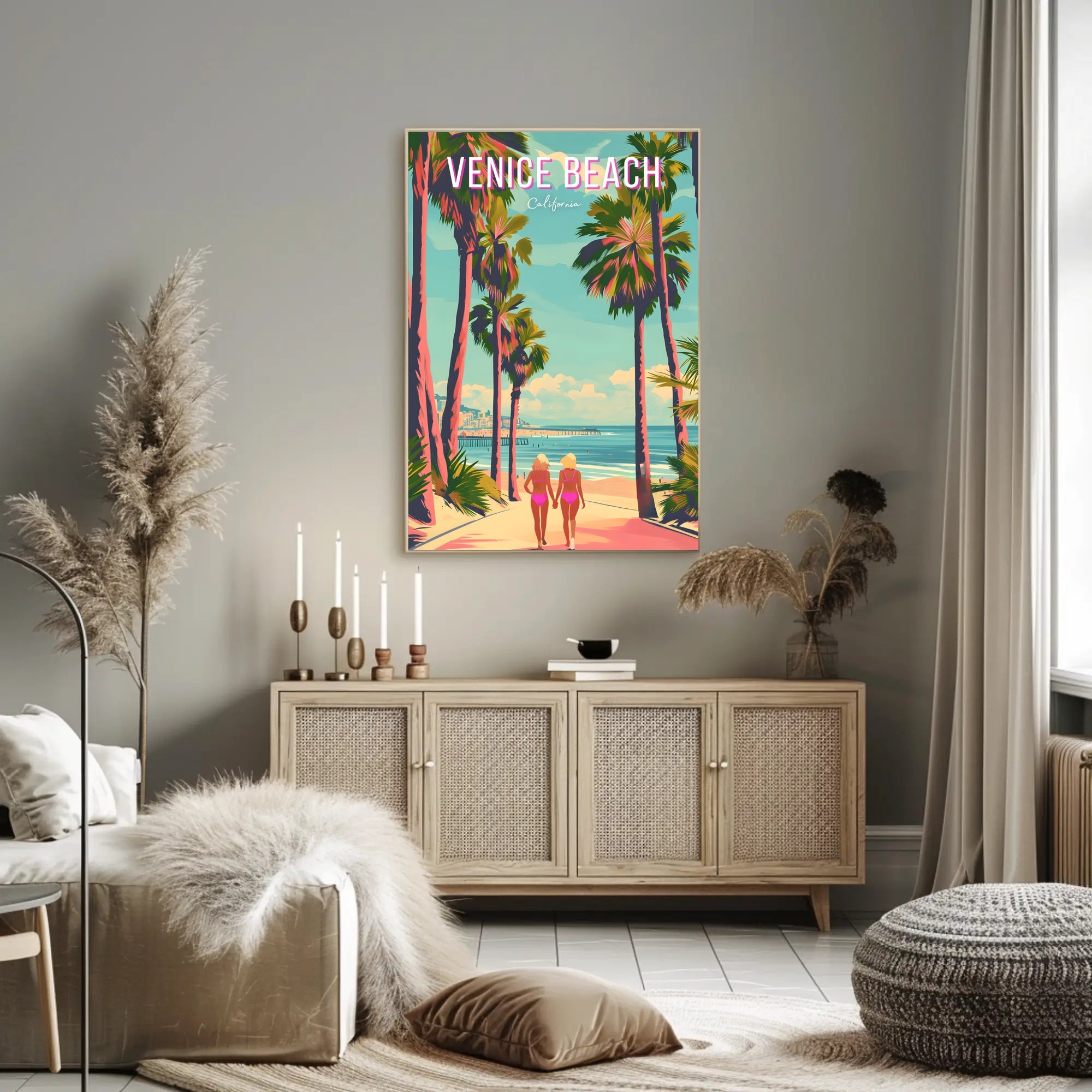 Venice Beach Vintage Travel Art with Palm Trees Scene Travel Poster