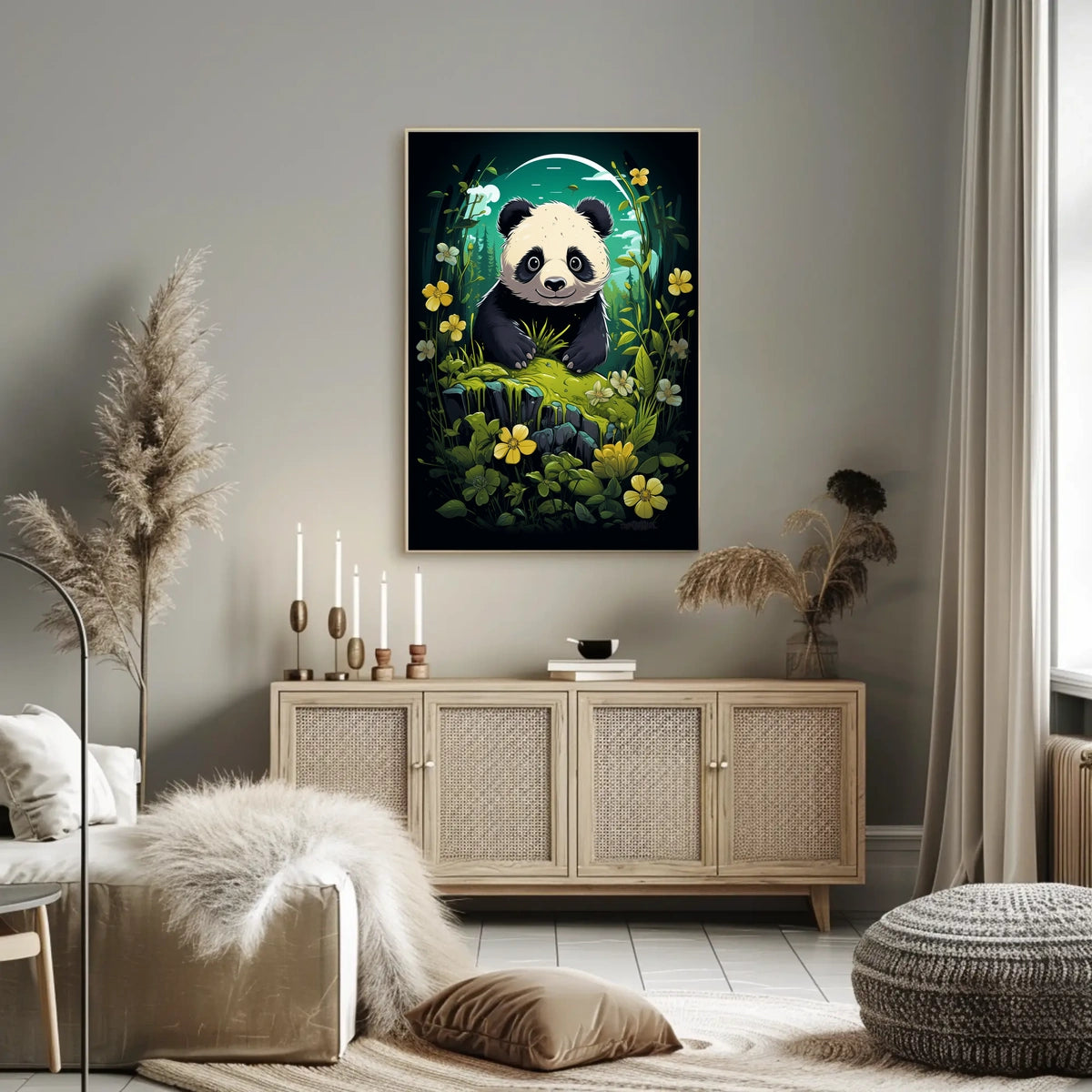 Panda in Whimsical Forest Cartoon Art Poster