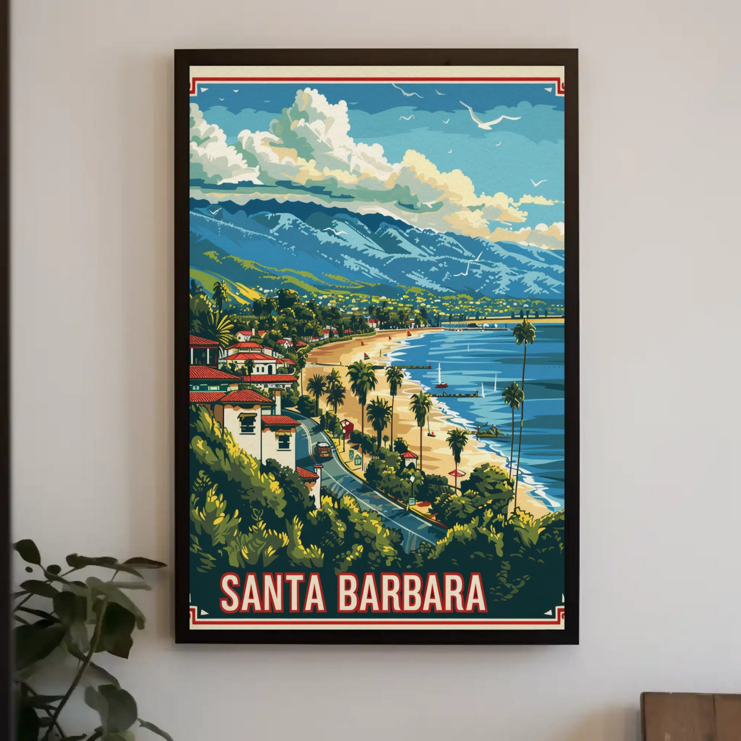 Santa Barbara Coastline Beach Mountains View Travel Poster