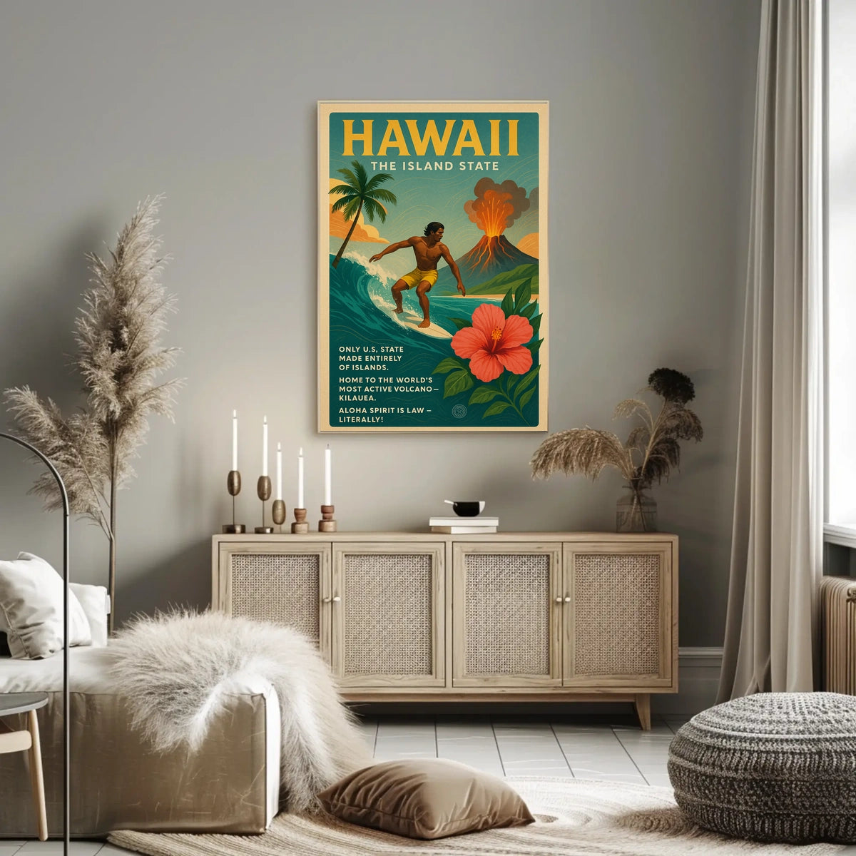 Hawaii Adventure Vintage Travel Poster: Surfing & Volcano