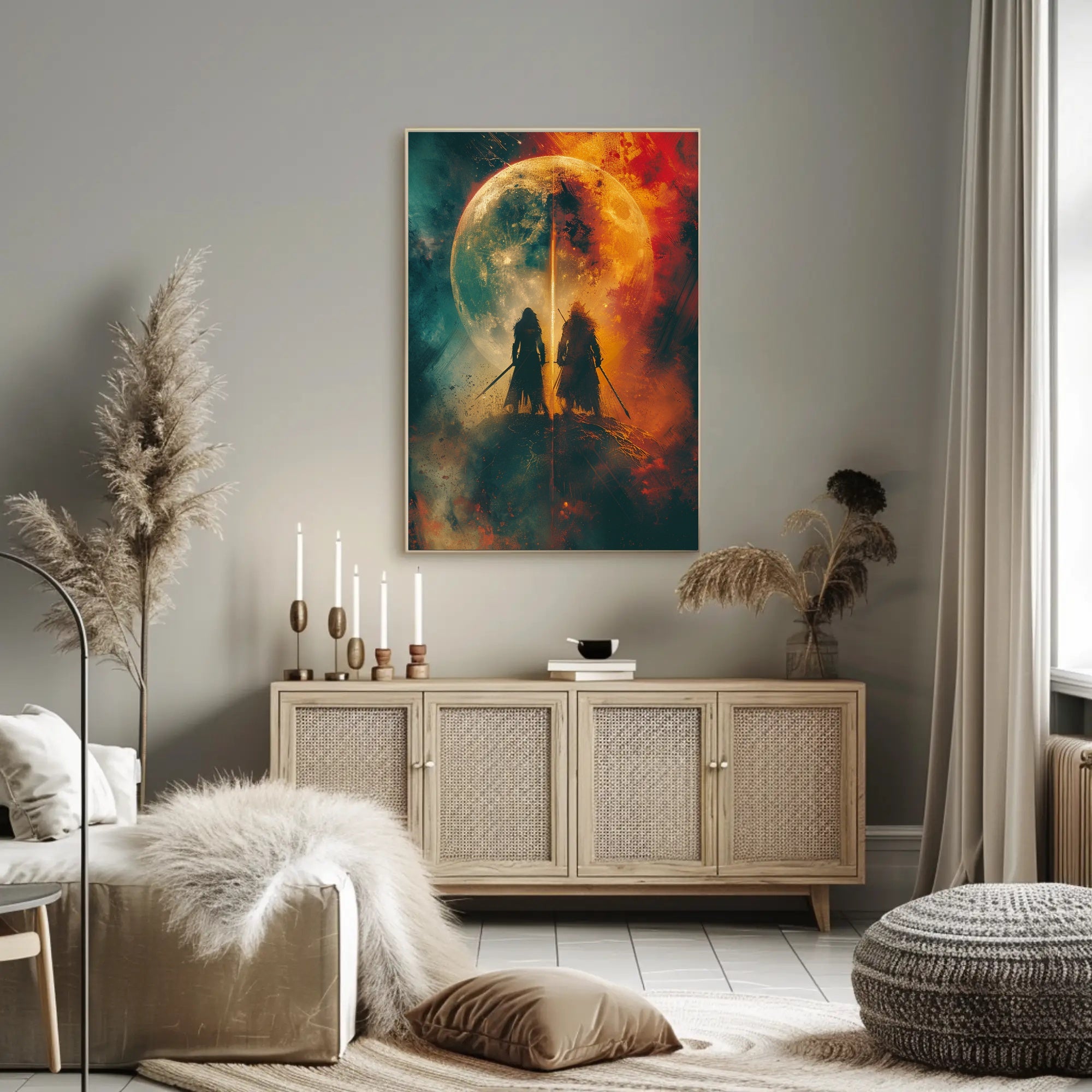 Celestial Warriors Under Twin Moons Fantasy or Mythology Poster PosterGoat