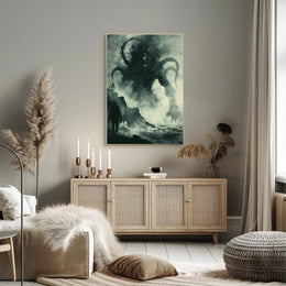 Dramatic Tentacled Monster in Stormy Coast Fantasy Poster PosterGoat