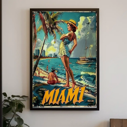 Miami Vintage Beach Scene Palm Trees Skyline Travel Poster