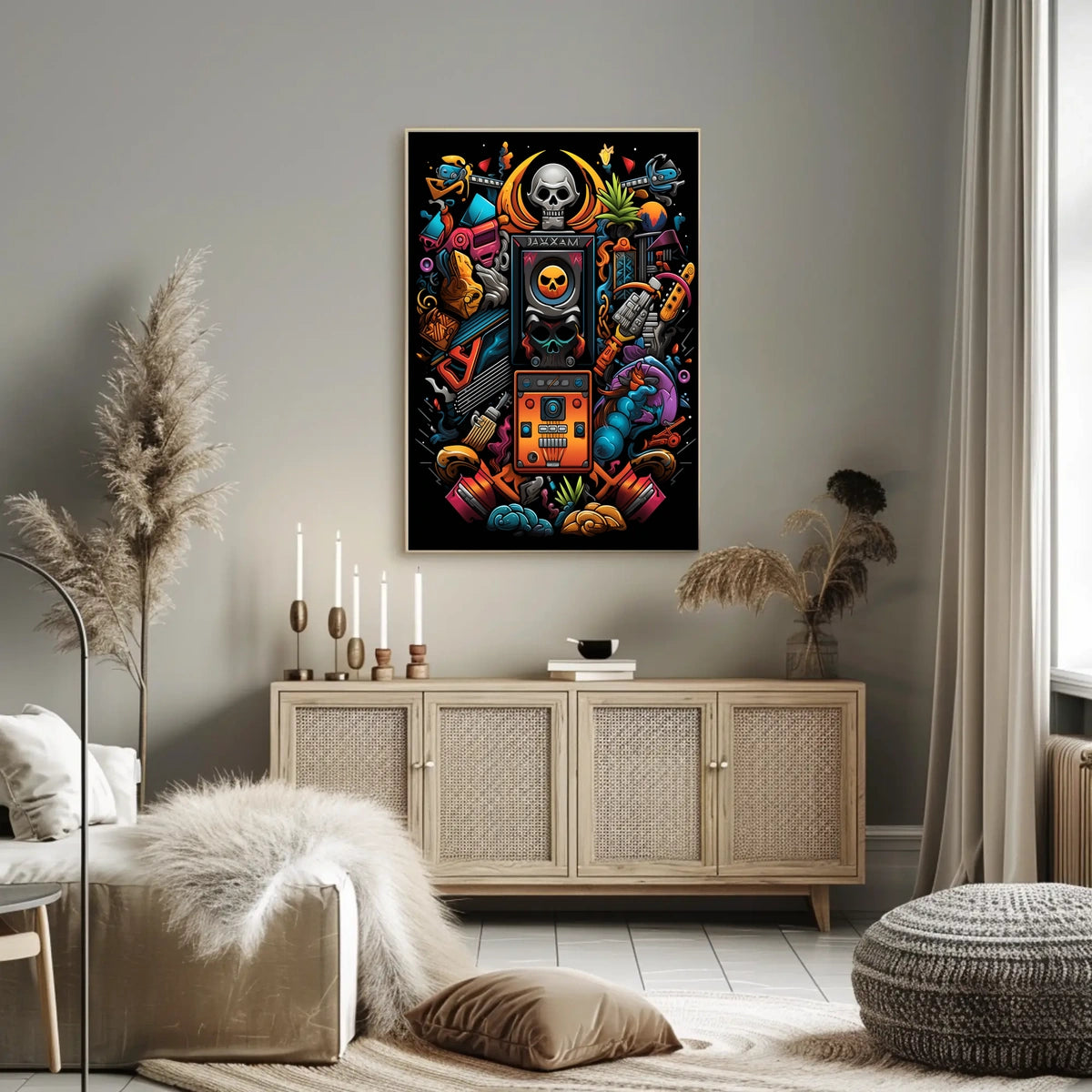 Vibrant Skull Surrealism: Modern Abstract Art Poster