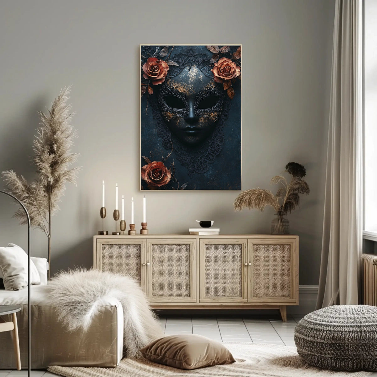 The poster features a stylized ornate mask in a dark and moody setting. Travel Poster