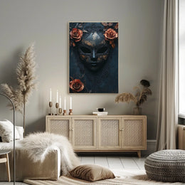 The poster features a stylized ornate mask in a dark and moody setting. Travel Poster