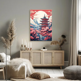 Traditional Japanese Pagoda in Serene Landscape Cultural Poster