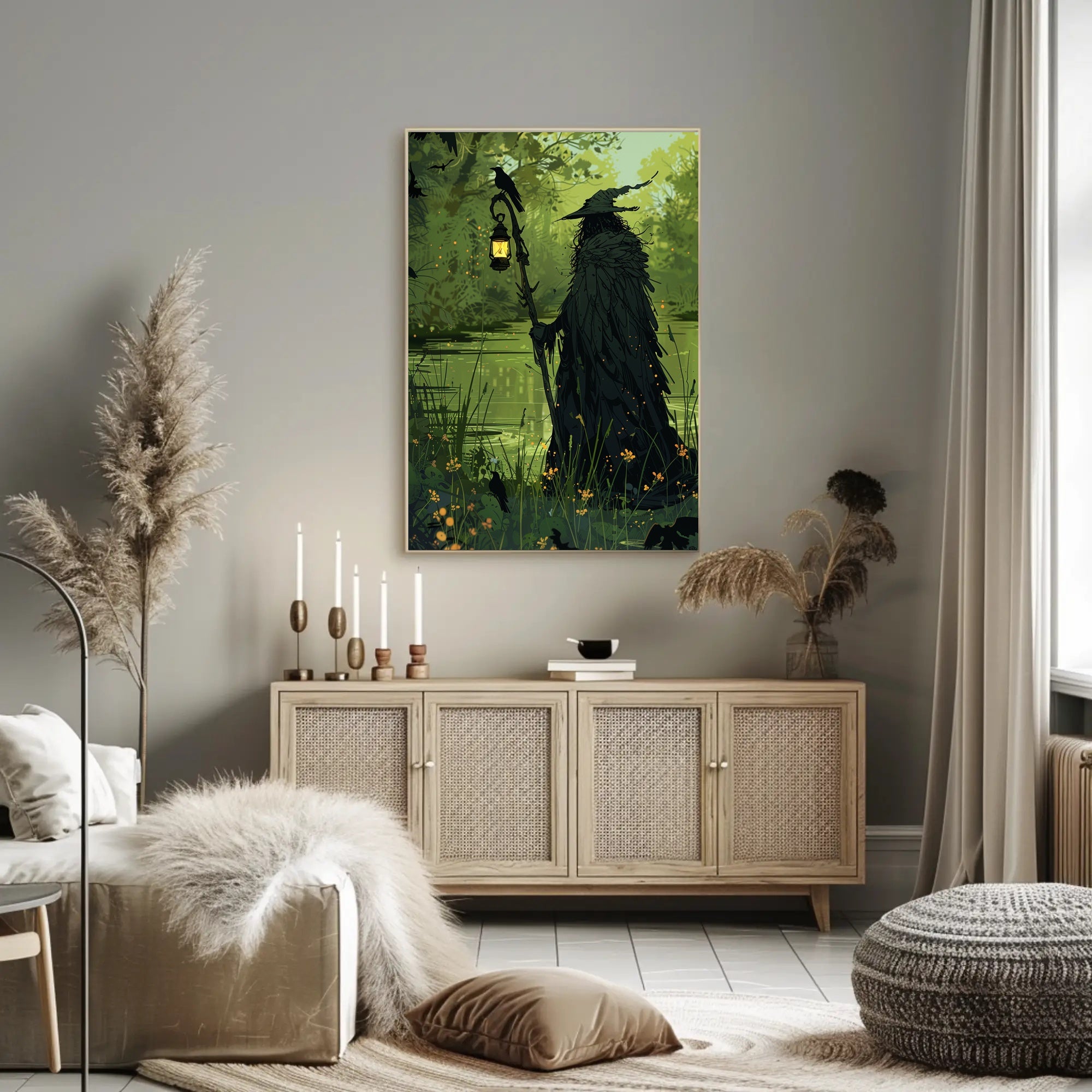 Mysterious Forest Figure with Crow Fantasy or Mythology Poster PosterGoat