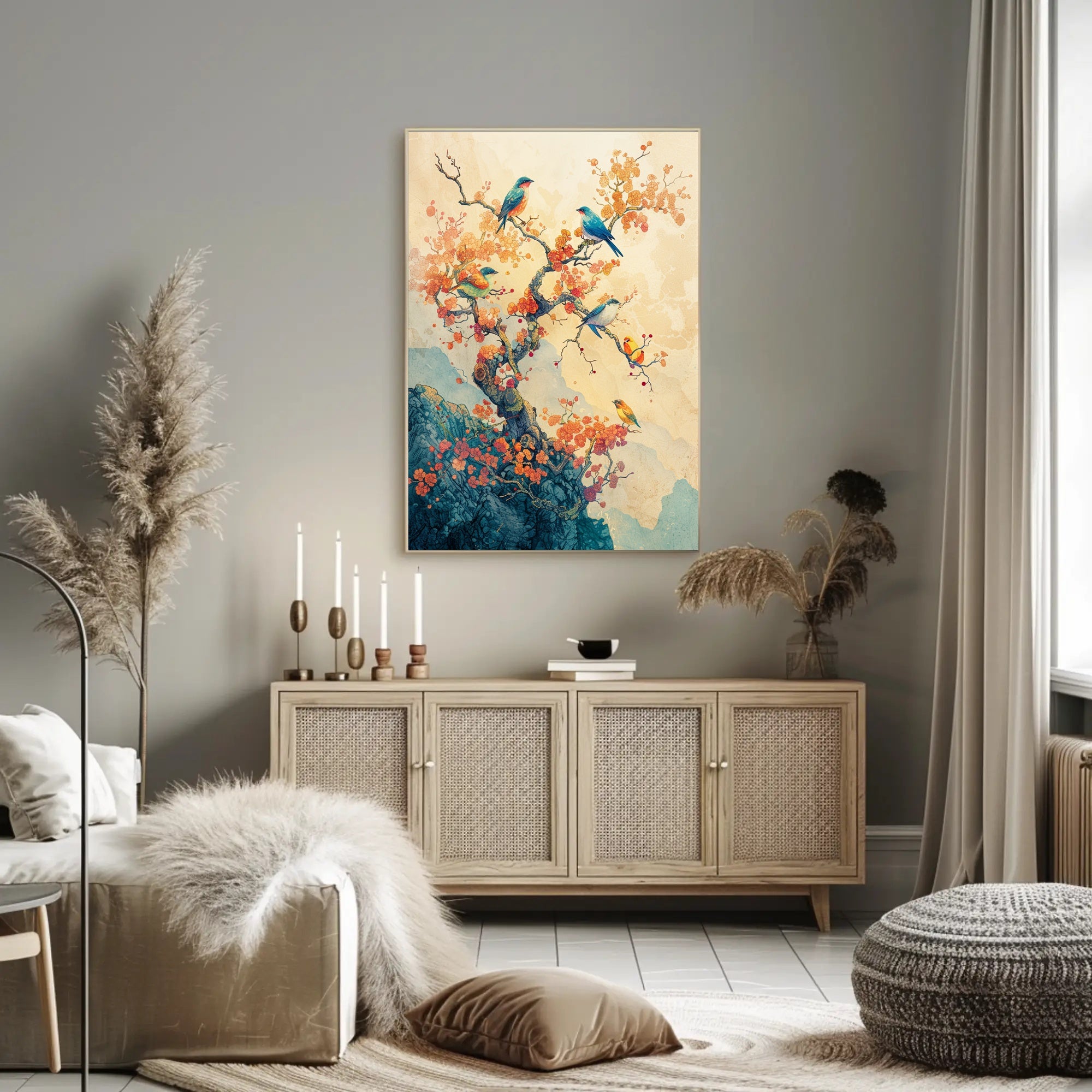 Serene Birds on Blossoming Tree Art Poster PosterGoat