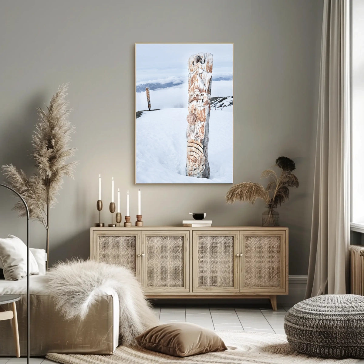 Snow-Covered Totem Poles Poster
