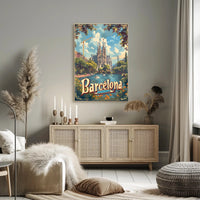 Barcelona Travel Poster with Sagrada Familia and Sunlit Scene