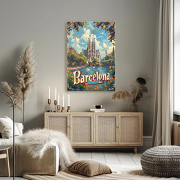Barcelona Travel Poster with Sagrada Familia and Sunlit Scene