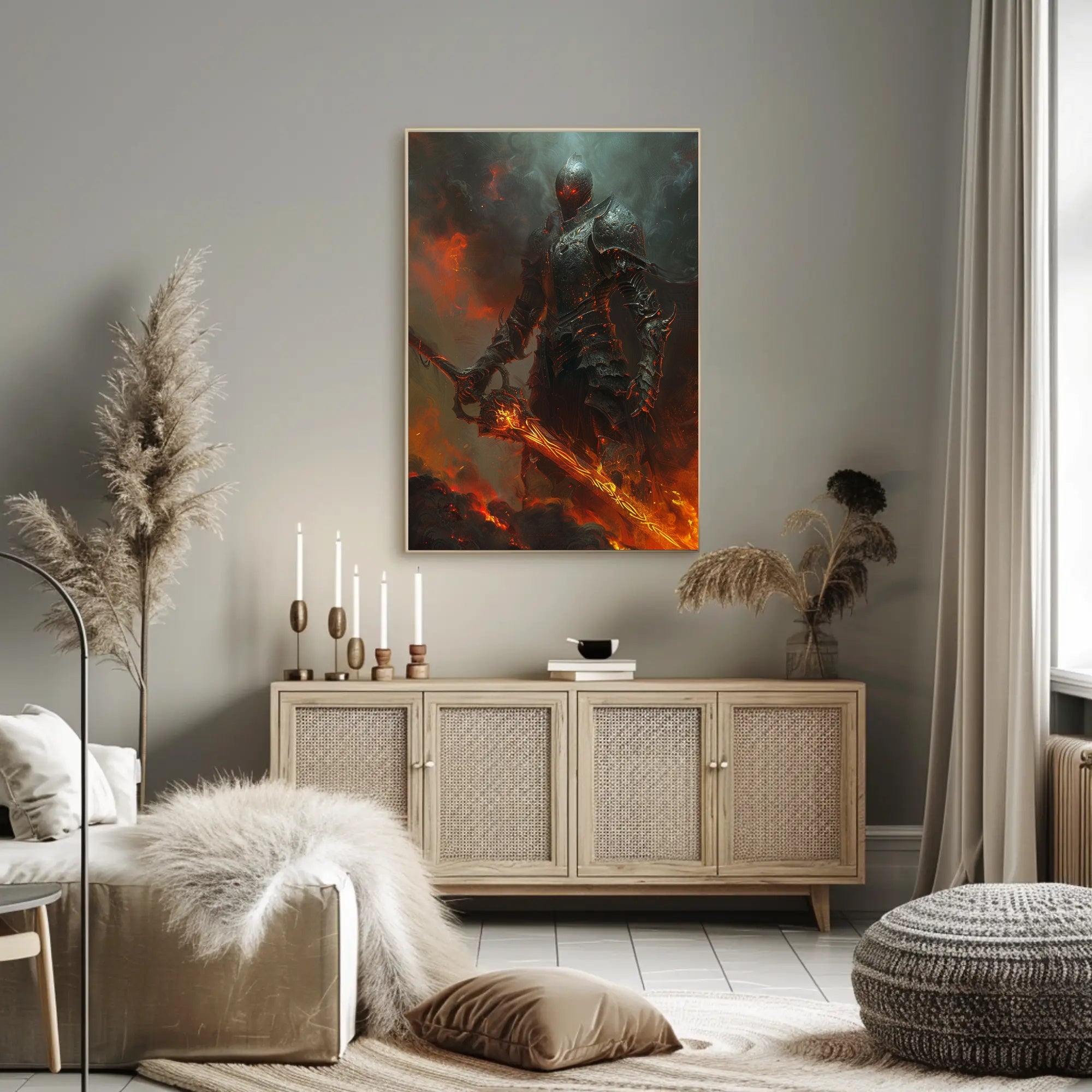 Armored Knight in Fiery Realm Fantasy or Mythology Poster PosterGoat