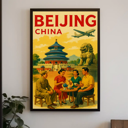 Beijing China Temple Street Scene Travel Poster