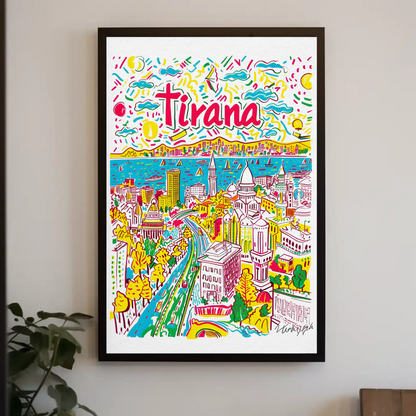 Tirana Albania Colorful Cityscape and Boulevard Travel Poster