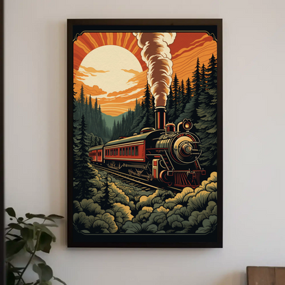 Vintage Steam Train Forest Railway Sunset Travel Poster