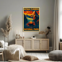 Kenai Fjords National Park Vintage Travel Dramatic Glacier Landscape Alaska Whale Tail Adventure Poster