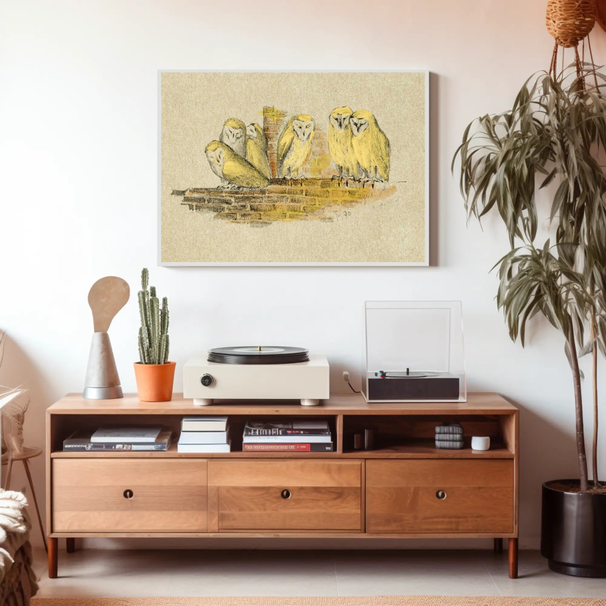 Owls on Rustic Ledge Vintage Animal Poster