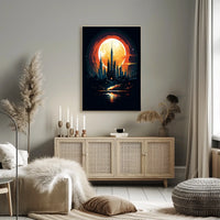 Futuristic Cityscape Under a Full Moon Poster