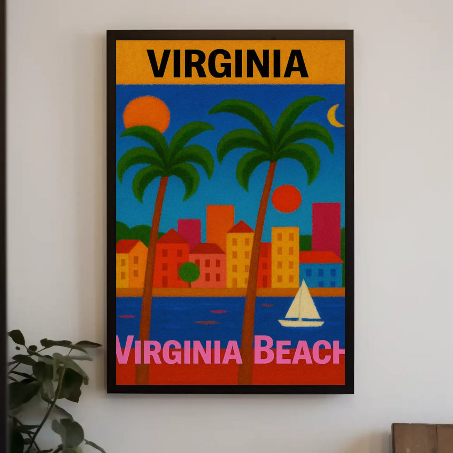 Virginia Beach Colorful Palms Cityscape Sunset Travel Poster