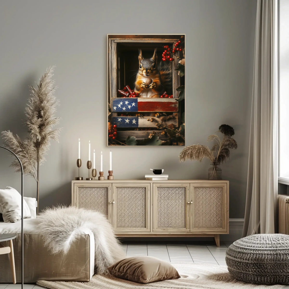 squirrel sitting upright inside a wooden crate Poster