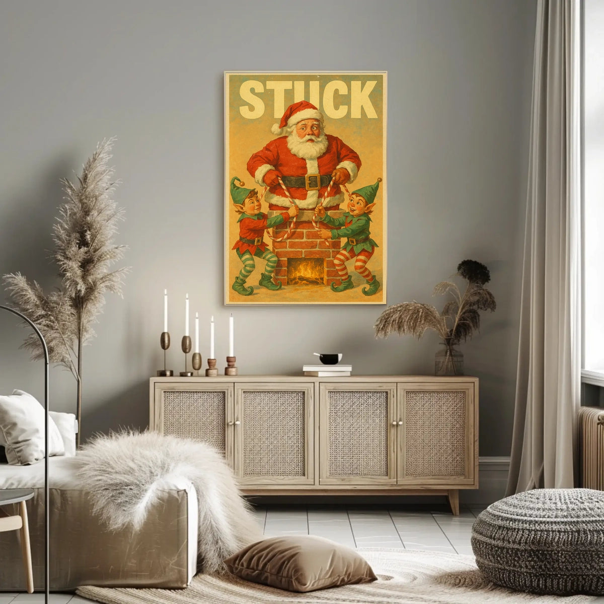 Santa Stuck in Chimney Christmas Poster Art