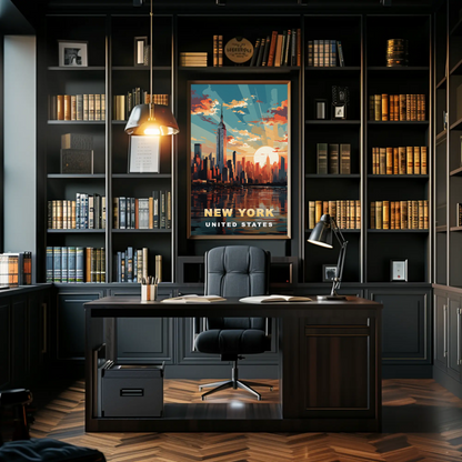 New York City Empire Sunset Reflection Vintage Travel Poster