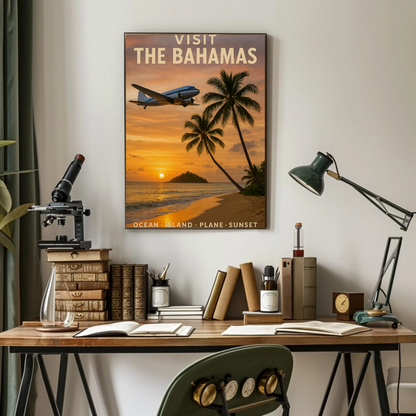 Visit The Bahamas Ocean Island Plane Sunset Travel Poster