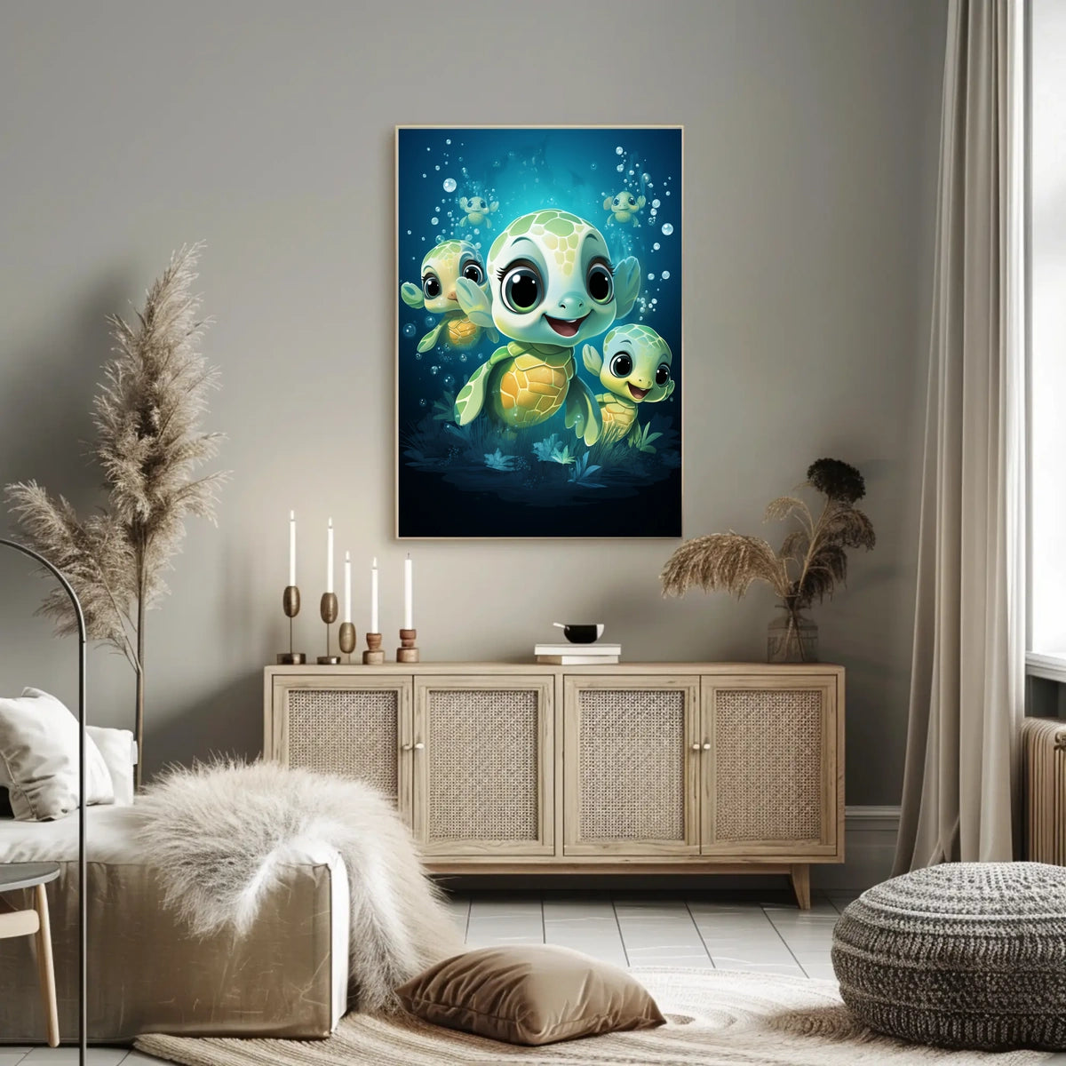 Adorable Sea Turtles Underwater Cartoon Poster Print