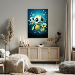 Adorable Sea Turtles Underwater Cartoon Poster Print