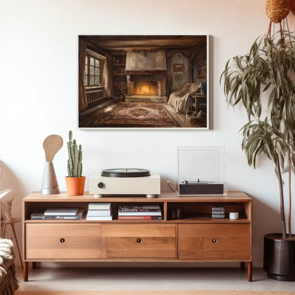 Cozy Rustic Cabin Fireplace Illustration Poster