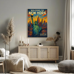 New York Skyline Sunset Art Poster Vintage Wall Art