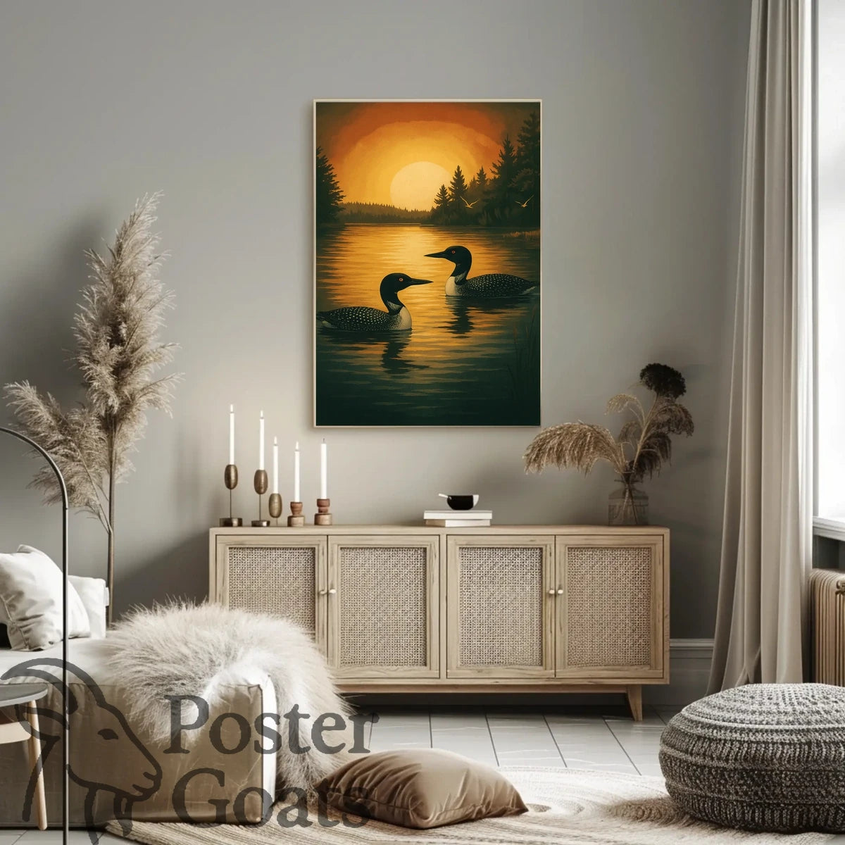 Serene Lake Scene with Loons and Sunset - Animal Poster