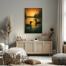 Serene Lake Scene with Loons and Sunset - Animal Poster