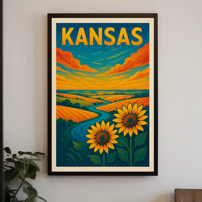 Kansas Sunflower Fields River Prairie Landscape Travel Poster