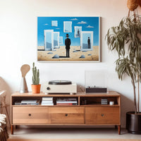Surreal Desert Landscape with Bowler Hat Figure Artistic Poster