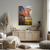 Flag Draped Rustic Wooden Barn Landscape With Fence Poster