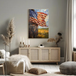 Flag Draped Rustic Wooden Barn Landscape With Fence Poster
