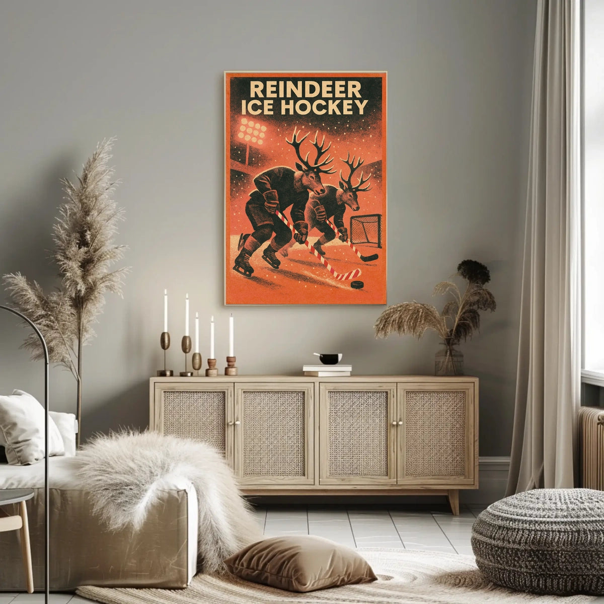 Reindeer Ice Hockey Vintage Sports Poster