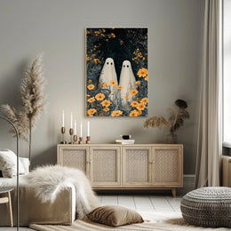 Ghostly Figures Surreal Whimsical Flowers Poster