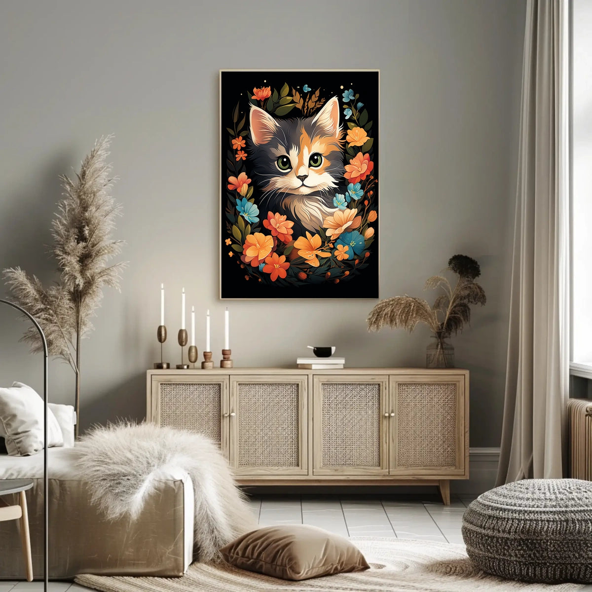 Charming Cat Amidst Vibrant Floral Wonderland Poster