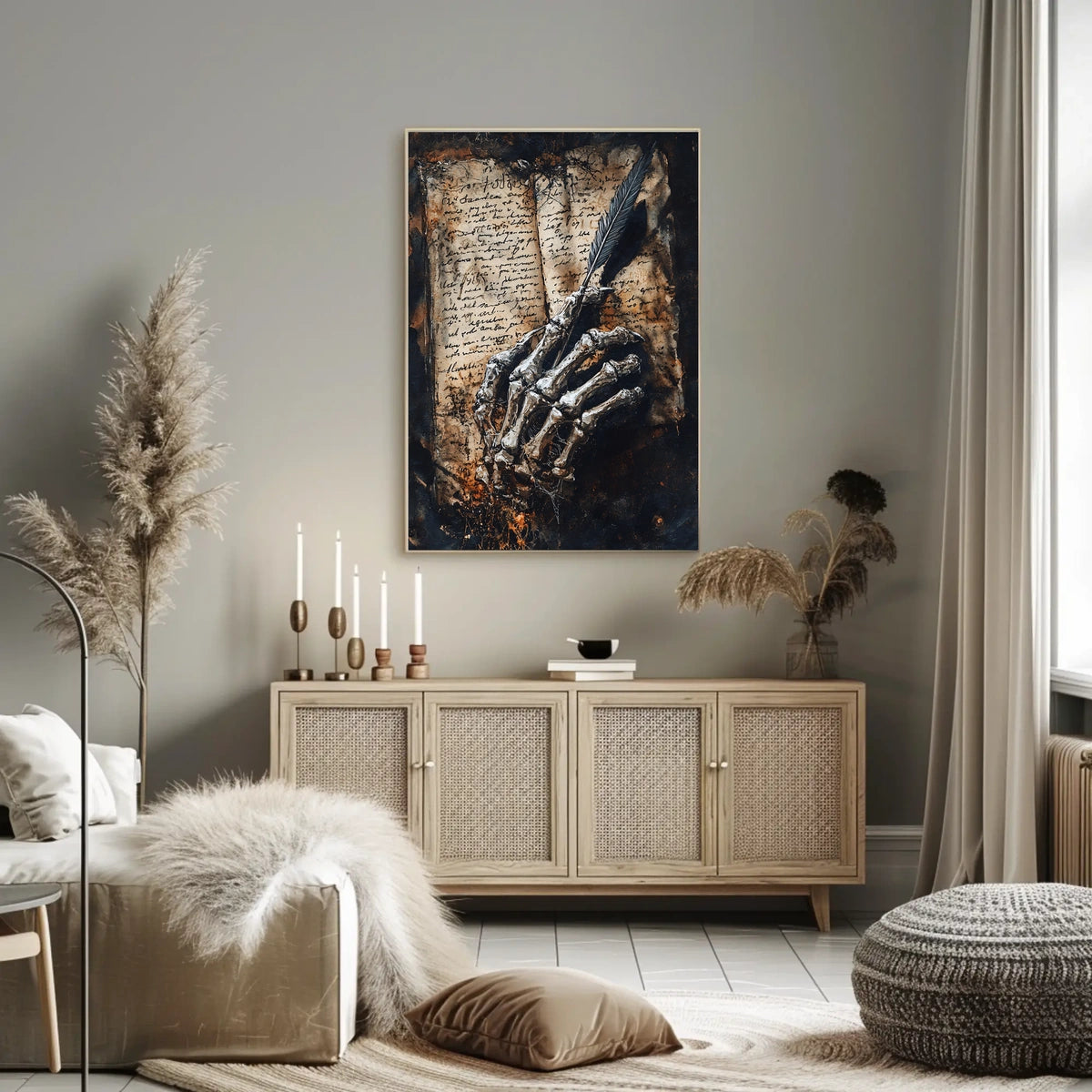 Skeletal Hand with Quill Art Print - Abstract Poster